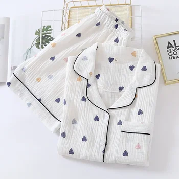 Нова дамска пижама комплект сърце отпечатани креп памук двуслойна марля завой-надолу яка дами дълъг ръкав панталон домакинско облекло