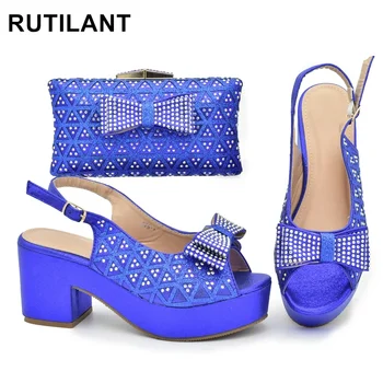 Нова мода сини обувки и чанти комплекти, украсени с кристал клинове обувки за жени италиански обувки и чанти съвпадение комплект 0