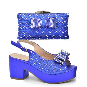 Нова мода сини обувки и чанти комплекти, украсени с кристал клинове обувки за жени италиански обувки и чанти съвпадение комплект 1