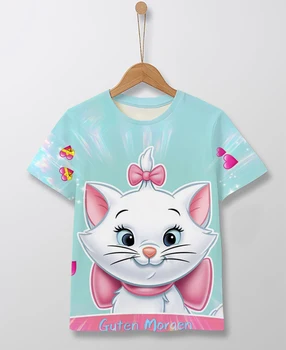 Ново лятно детско облекло Disney Mary Cat печат кръг врата къс ръкав тениска случайни карикатура улица стил момиче върховете
