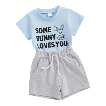 Новородено малко дете бебе момче Великден облекло някои зайче те обича T риза джогър шорти комплект сладък заек летни дрехи