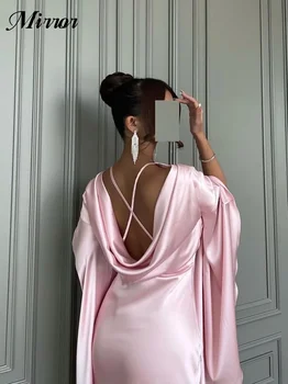 Огледална рокля елегантна реколта сладък секси розова копринена панделка дълги ръкави Официален повод топка бала рокля вечерно парти рокли