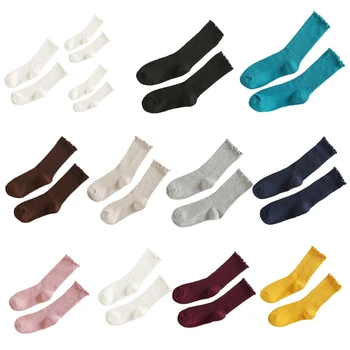 Памучни чорапи за жени Корейски японски плътен цвят волан завой-маншет глезена чорапи P8DB