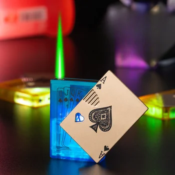 Персонализирана покер ветроустойчива запалка Turbo надуваема светкавица Прозрачна покер карта Запалки Green Flame Интересни притурки