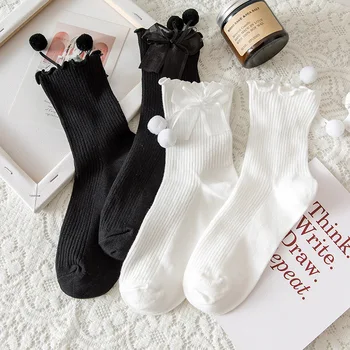 Прекрасен дантелен боунот Лолита принцеса чорап бял черен волан малка топка русалка чорапи JK Harajuku Cosplay Soxs сладък памучен чорап 3