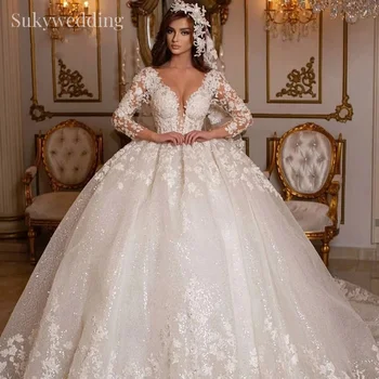 Принцеса дантела сватбени рокли линия дълги ръкави V врата апликации Отвесни арабски булчински рокли Брачни рокли Вестидос де Новия