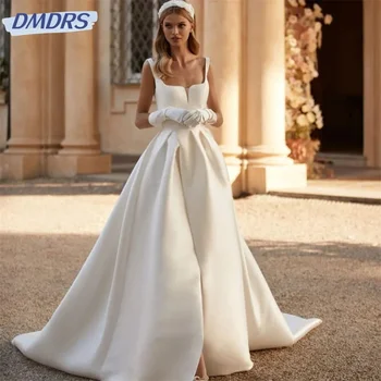 Проста квадратна врата едно рамо сватбена рокля класическа булчинска рокля с дължина до пода грациозна вестидос de novia