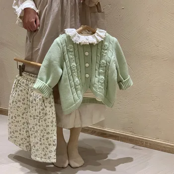 пуловер момичета корейски бродерия плетене жилетка зима ново бебе трикотаж палто зелен памук топъл джоб печат