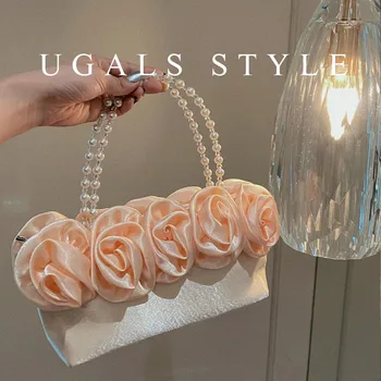 Реколта дами флорални вечерна чанта жена мода роза цвете перла чанти сватбено тържество съединител вечеря малка чанта bolso 2023