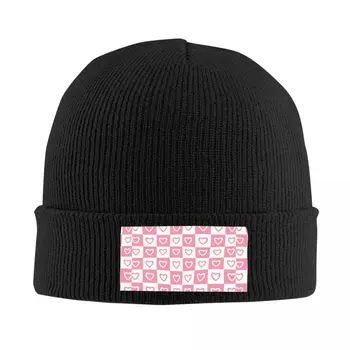 Розови бели сърца карирани модел шапки на капака Cool плетена шапка за жени мъже зимни топли черепи шапки