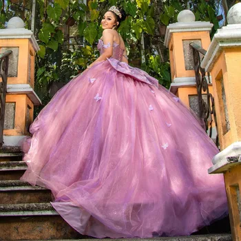 Розови кинсеанера рокли пеперуда апликации на разстояние от рамото топка Gwons рожден ден парти абитуриентски бал рокля 15 16 рокля вестидос