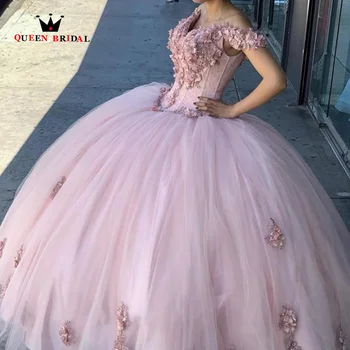 Розови кинсеанера рокли реколта 3D цветя апликации дантела от рамото за 15 момичета топка рокли подпухнали тюл парти рокля VF11