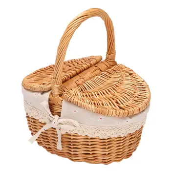 Ръчно изработена плетена кошница с дръжка Плетена къмпинг кошница за пикник с двойни капаци Пазаруване съхранение затрудняват кошница с кърпа Li