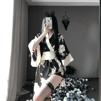 Секси Сакура Кимоно Прекрасна японска униформа Роба Флорална халат Къса кимоно роба Нощна халат рокля за жени Нощна рокля 0