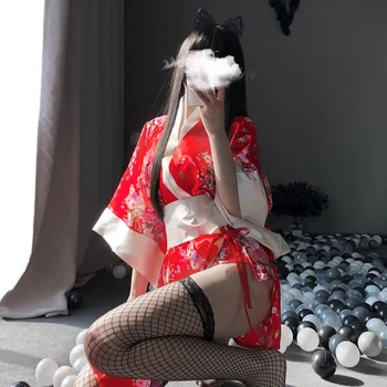 Секси Сакура Кимоно Прекрасна японска униформа Роба Флорална халат Къса кимоно роба Нощна халат рокля за жени Нощна рокля 1