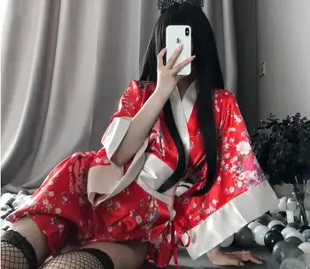 Секси Сакура Кимоно Прекрасна японска униформа Роба Флорална халат Къса кимоно роба Нощна халат рокля за жени Нощна рокля 3
