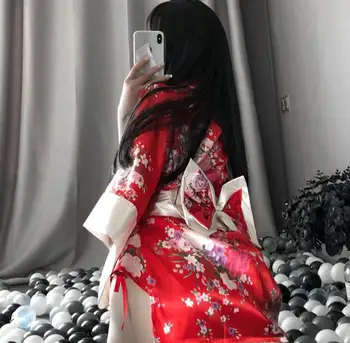 Секси Сакура Кимоно Прекрасна японска униформа Роба Флорална халат Къса кимоно роба Нощна халат рокля за жени Нощна рокля 4
