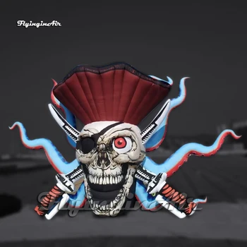 Страшен голям надуваем пиратски капитан череп с пипала на октопод и мечове за карнавална украса на Хелоуин