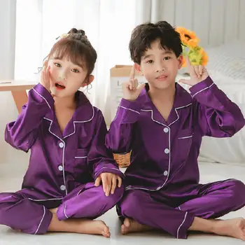 Удобни детски спално облекло Детски 2бр пижами комплект пролет есен завой-надолу яка бутон джоб 3-14 години момчета момичета изкуствена коприна 0