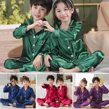 Удобни детски спално облекло Детски 2бр пижами комплект пролет есен завой-надолу яка бутон джоб 3-14 години момчета момичета изкуствена коприна 1