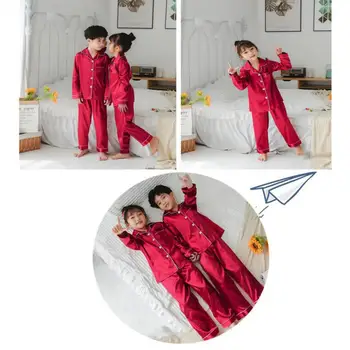 Удобни детски спално облекло Детски 2бр пижами комплект пролет есен завой-надолу яка бутон джоб 3-14 години момчета момичета изкуствена коприна 2