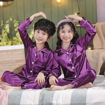 Удобни детски спално облекло Детски 2бр пижами комплект пролет есен завой-надолу яка бутон джоб 3-14 години момчета момичета изкуствена коприна 4