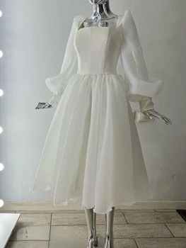 френски Прост квадратен яка бутер пълен ръкав средата дължина церемониална рокля твърди луксозни лъскави шик бутони Vestidos елегантна рокля