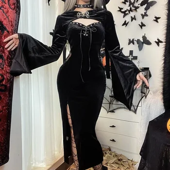 Хелоуин Дамски рокля комплект с качулка Bell ръкав косплей костюм