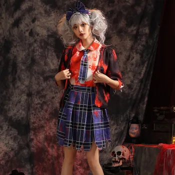 Хелоуин Косплей костюм Кървава ученическа училищна униформа JK Карирана пола Фестивално парти Рокля на ужасите Зомби призрак изпълнение костюм