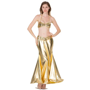 Хелоуин прислужница косплей костюм злато корема танц износване изрязване отгоре дълга пола комплект рейв етап изпълнение костюм секси фантазия дрехи