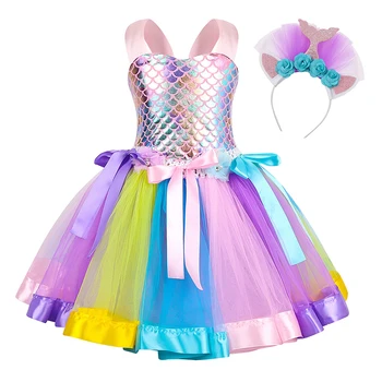 Хелоуин русалка костюм за момиче рожден ден парти ролева игра фантазия обличане + цвете пайети коса обръч 2-12 години Детски костюм