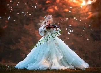 Цвете момиче рокля бял пухкав тюл дантела Decal сватба елегантен котило цвете дете първата евхаристийна рожден ден топка парти рокля