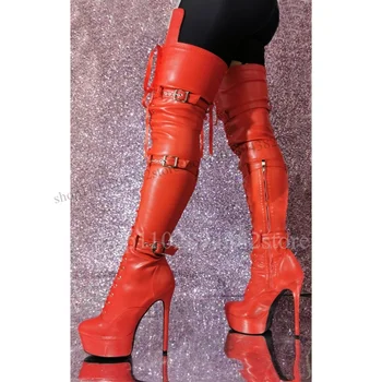 Червен кръг Toe ключалката Riband декор платформа ботуши страничен цип дамски обувки тънки високи токчета роман мода 2023 Сапатос пара Мужере