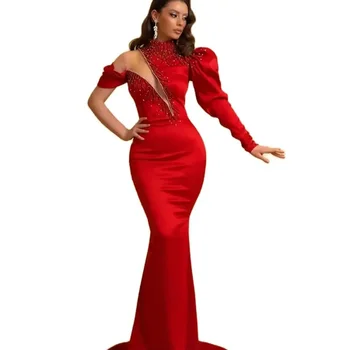 Червена секси вечерна рокля с пайети с едно рамо Обикновена дантелена бална рокля с дължина до пода официална парти рокля