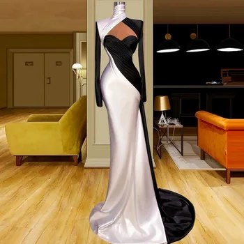Черно и бяло дълъг ръкав русалка сватбена рокля матово петнисто плисирана висока яка арабски Aso Ebi вечерна рокля
