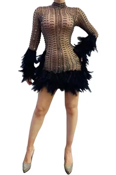черно кристално перо прозрачна къса рокля рожден ден празнуват бала окото облекло жени танцьор певица бар рокля