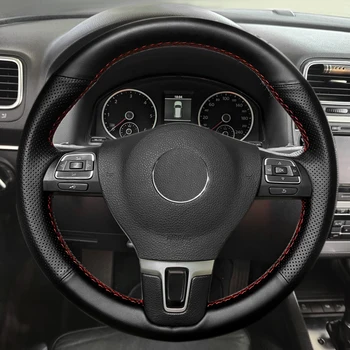 Черно-червен перфориран кожен капак за VW Golf Plus Tiguan Passat B7 CC Touran Caddy EOS Ръчно шиене на волана Cover Trim