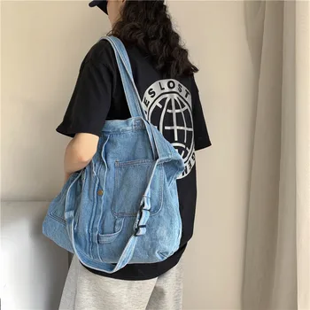 японски корейски Harajuku дами чанта ретро мода голям капацитет деним плат рамо чанти за жени ежедневно Crossbody чанти