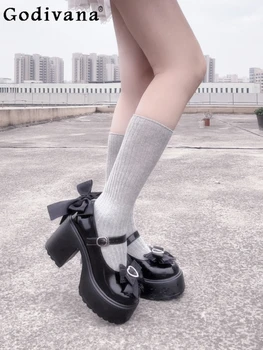 японски стил мода плътен цвят кръг пръсти жени обувки на висок ток пролет есен сладък сладък лък ключалката горещо момиче платформа обувки