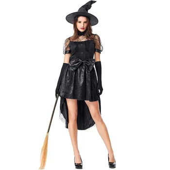 【В наличност】Хелоуин парти сцена костюм вещица изпълнение костюм черна дантела окото вещица костюм
